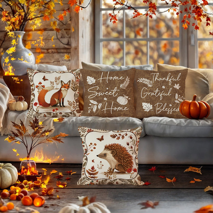 Rustic Farmhouse Square Cotton-Linen Decorative Pillow Cover with 'Home Sweet Home' Fall Pumpkin & Leaf Print