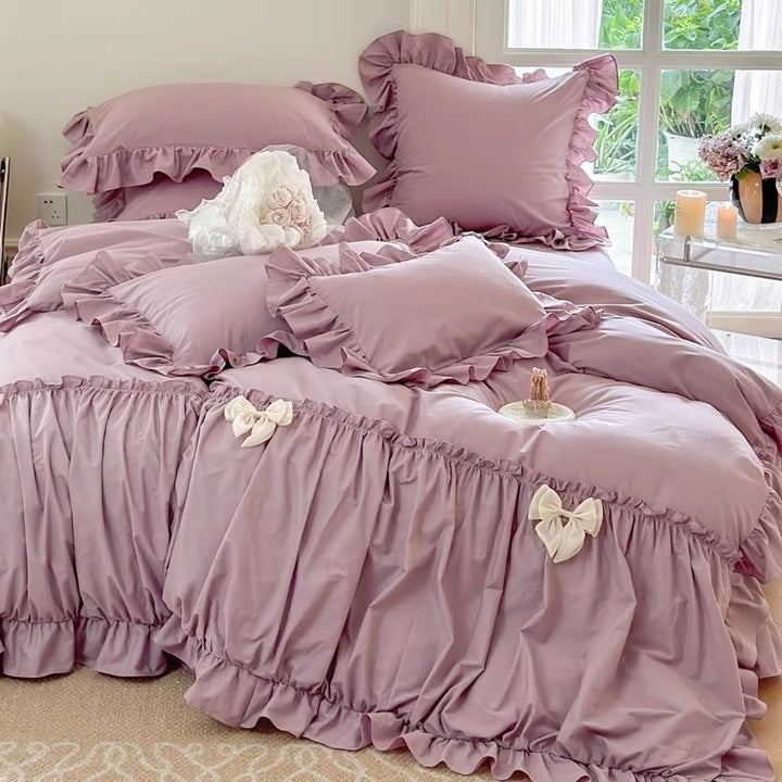 Ruffled Cotton Sateen Romantic Duvet Cover Ensemble with Gathered Skirt & Bow Accents