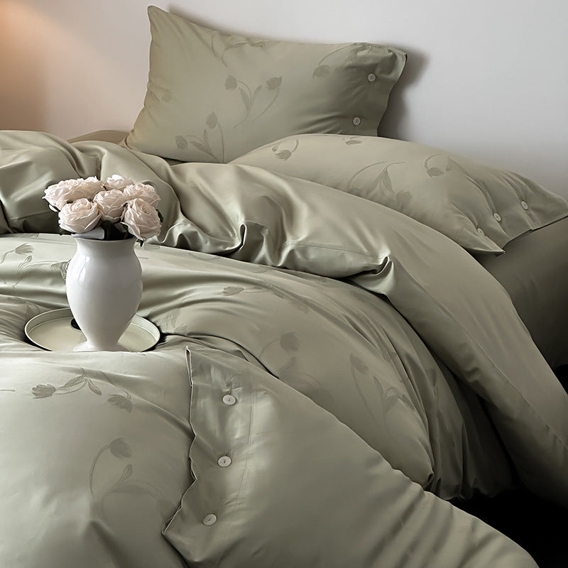 Premium duvet cover set made of cotton satin with tonal floral jacquard and button closure