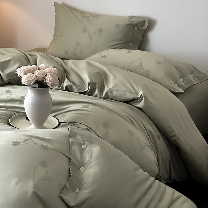 Premium duvet cover set made of cotton satin with tonal floral jacquard and button closure