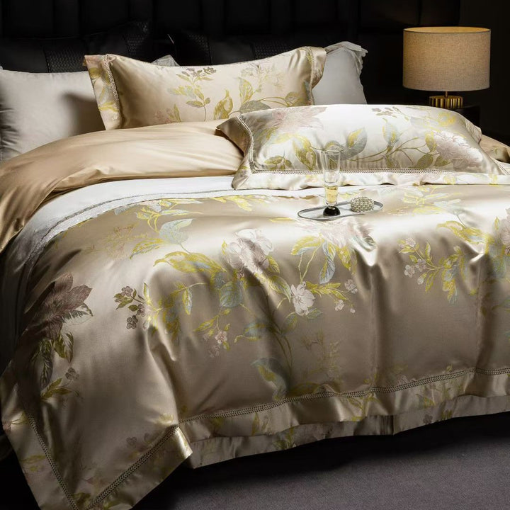 Luxury Satin Jacquard Floral Duvet Cover Set with Decorative Piped Pillow Shams