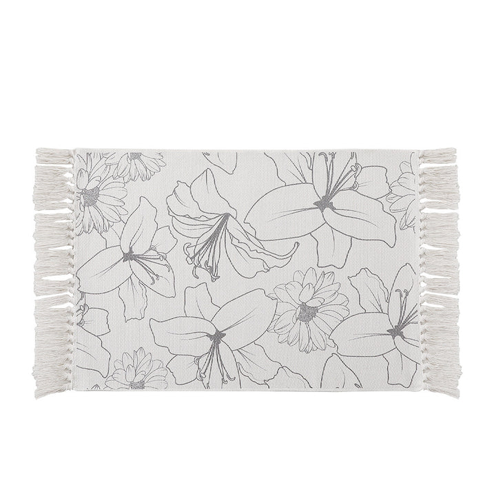 Woven table runner with botanical bird print and decorative fringes
