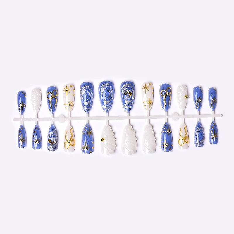 Artistic Press-On Nail Art Set with Gold and Pearl Accents Stornfield