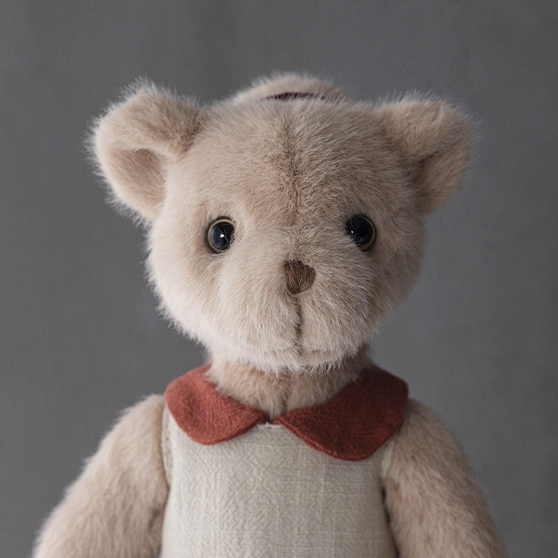 Handcrafted Plush Teddy Bear with Linen Dress and Embroidered Features