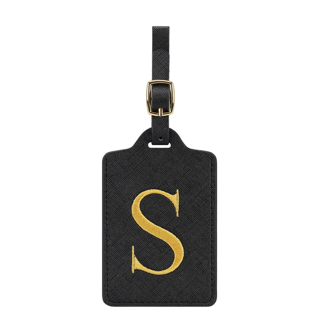embroidered initial monogram leather luggage tag with adjustable buckle strap Stornfield