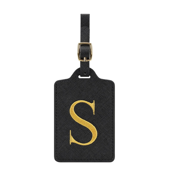 embroidered initial monogram leather luggage tag with adjustable buckle strap Stornfield