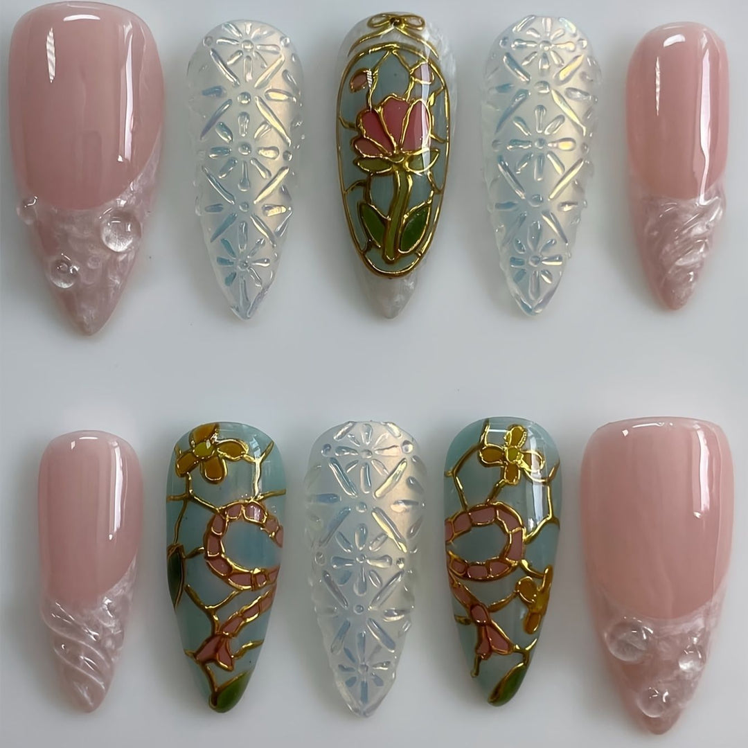 Artistic Floral and Gemstone Press-On Nail Set Stornfield