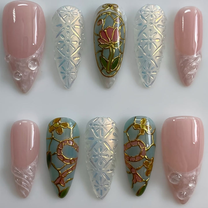 Artistic Floral and Gemstone Press-On Nail Set Stornfield