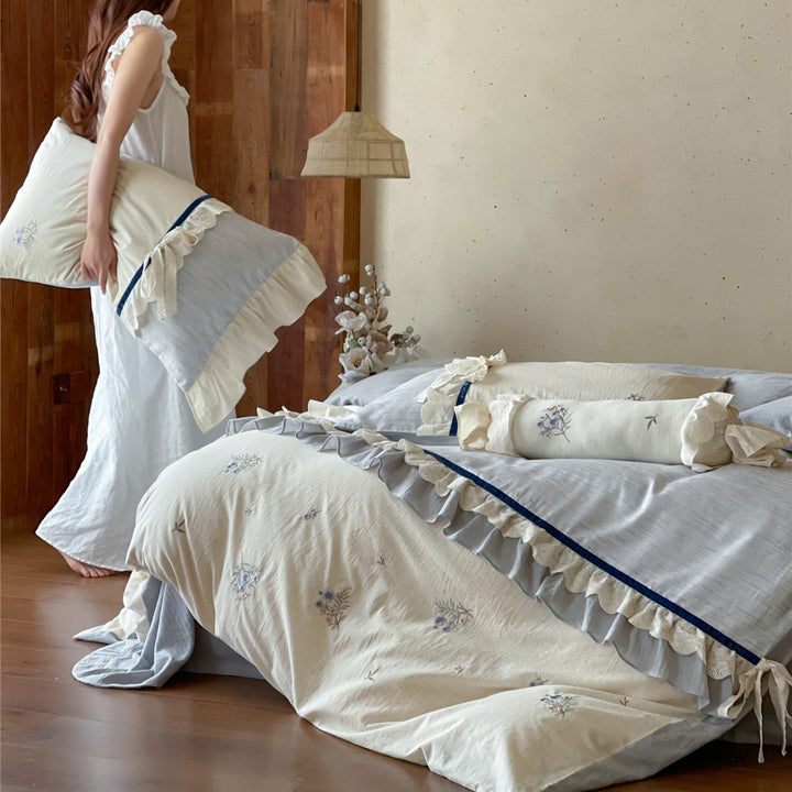 Floral Embroidered Ruffled Duvet Cover Set with Decorative Bolster Pillow
