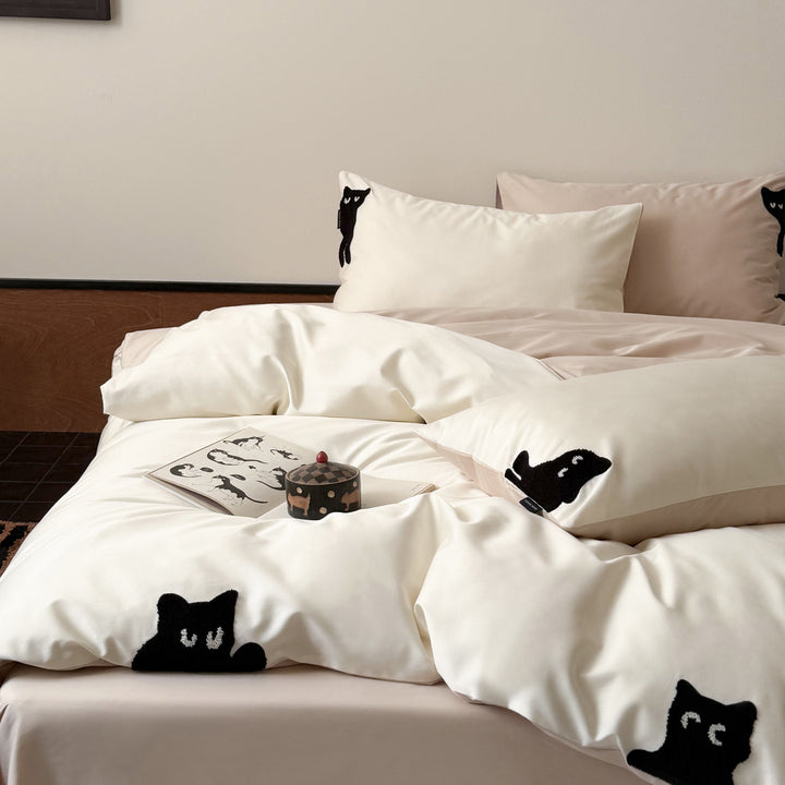Cotton Sateen Duvet Cover Set with Raised Cat Appliqué & Hidden Closure