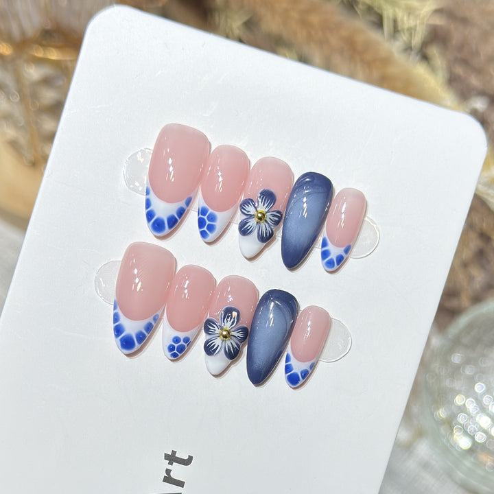 Artistic Press-On Nail Set with Floral and Geometric Accents Stornfield