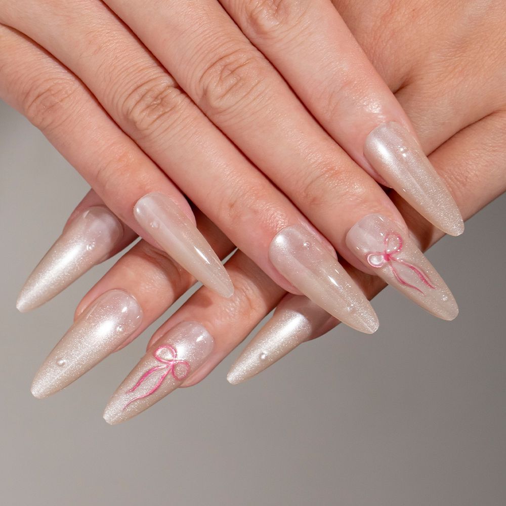 Elegant Stiletto Press-On Nail Set with Bow Accents Stornfield