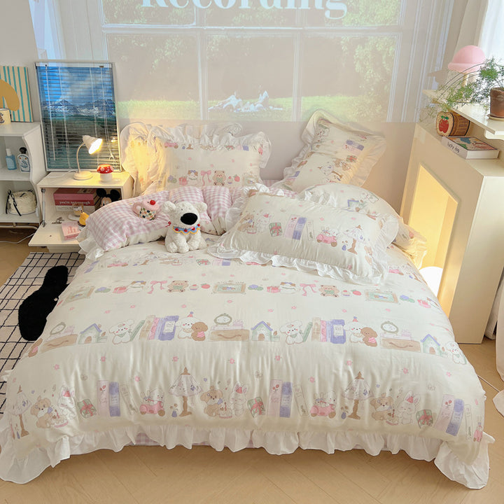 Frilled-Edge Pastel Storybook Print Cotton Duvet Cover and Sham Set