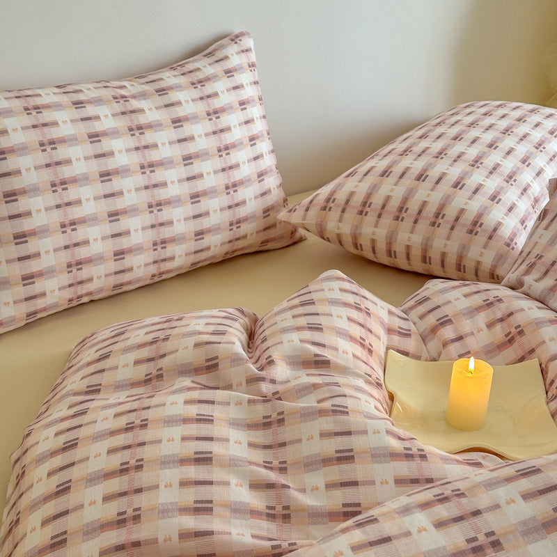 Plaid Cotton Sateen Duvet Cover and Pillowcase Bedding Set