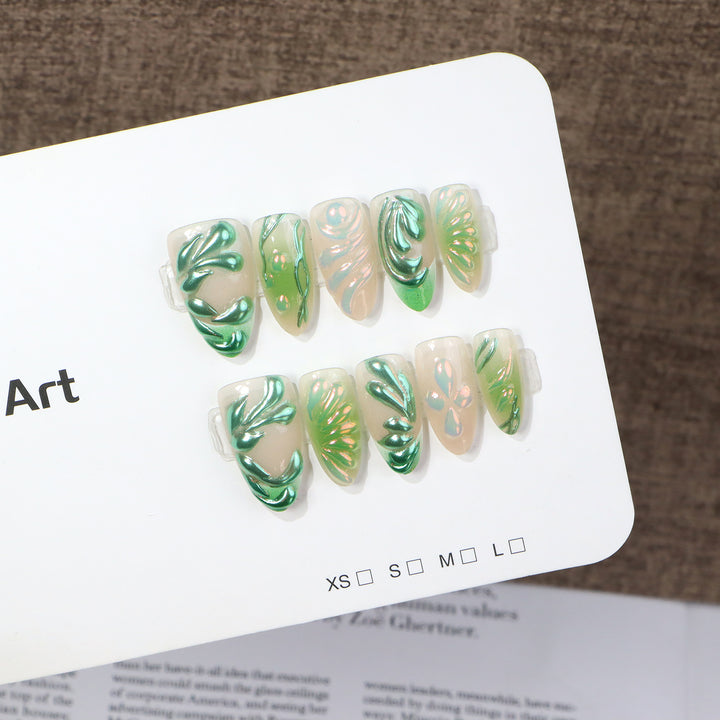 Artistic Press-On Nail Set with Leaf Design Stornfield
