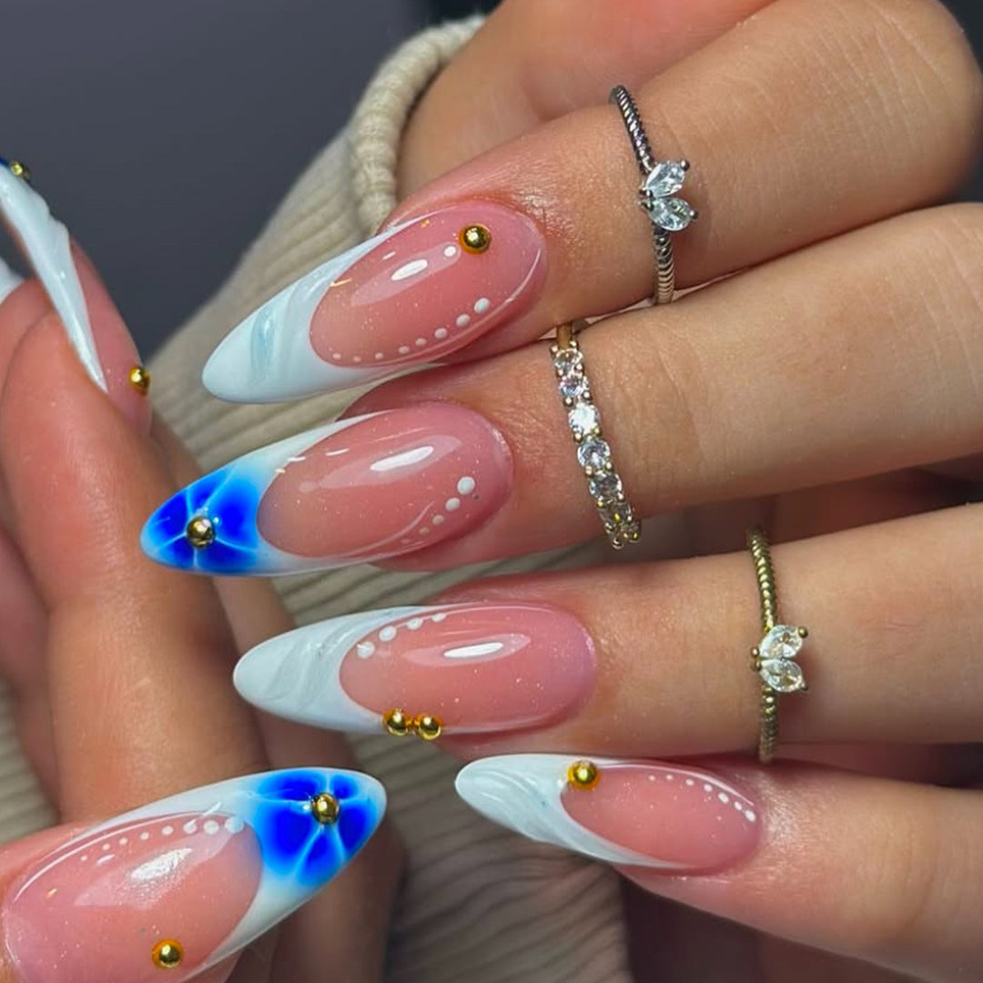 Sculpted French Tip Press-On Nail Extensions with Gem Accents Stornfield