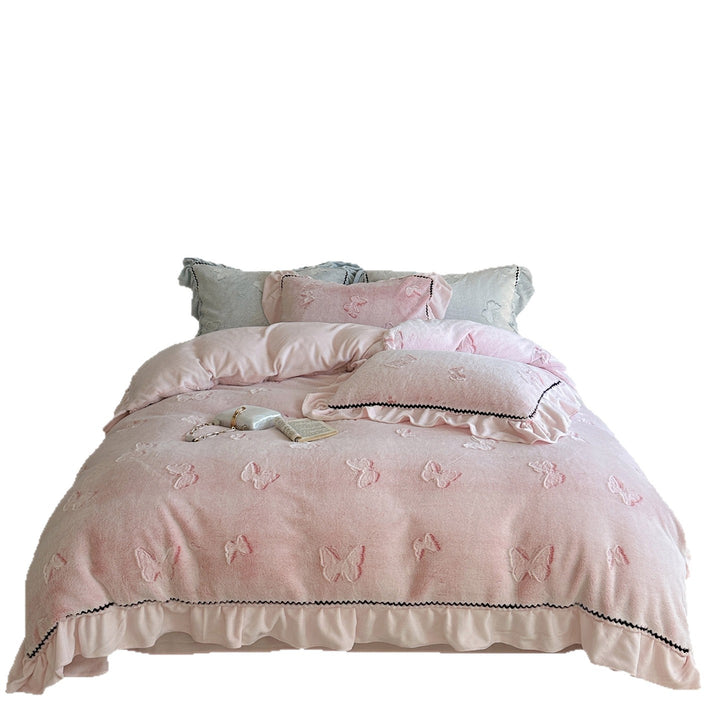 Embroidered Butterfly Ruffled Linen-Blend Duvet Cover Set with Decorative Pillow Shams