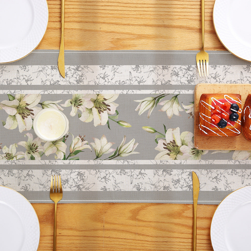 Linen-Blend Watercolor Floral Botanical Table Runner with Stain-Resistant Finish and Hemmed Edges