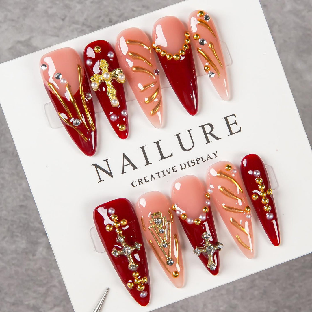 Artistic Stiletto Press-On Nail Set with Decorative Gem Accents