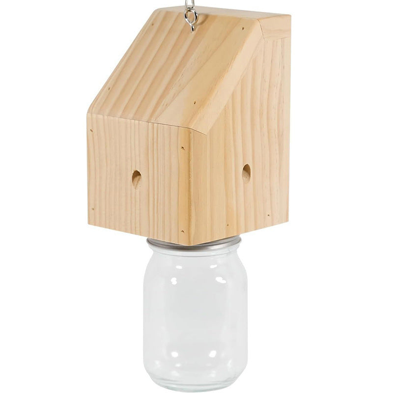 Hanging wooden bird feeder with glass jar seed reservoir and natural jute hanger Stornfield