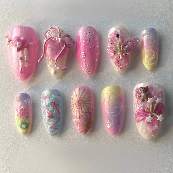 Decorative Press-On Nail Art Set with Floral and Whimsical Designs Stornfield