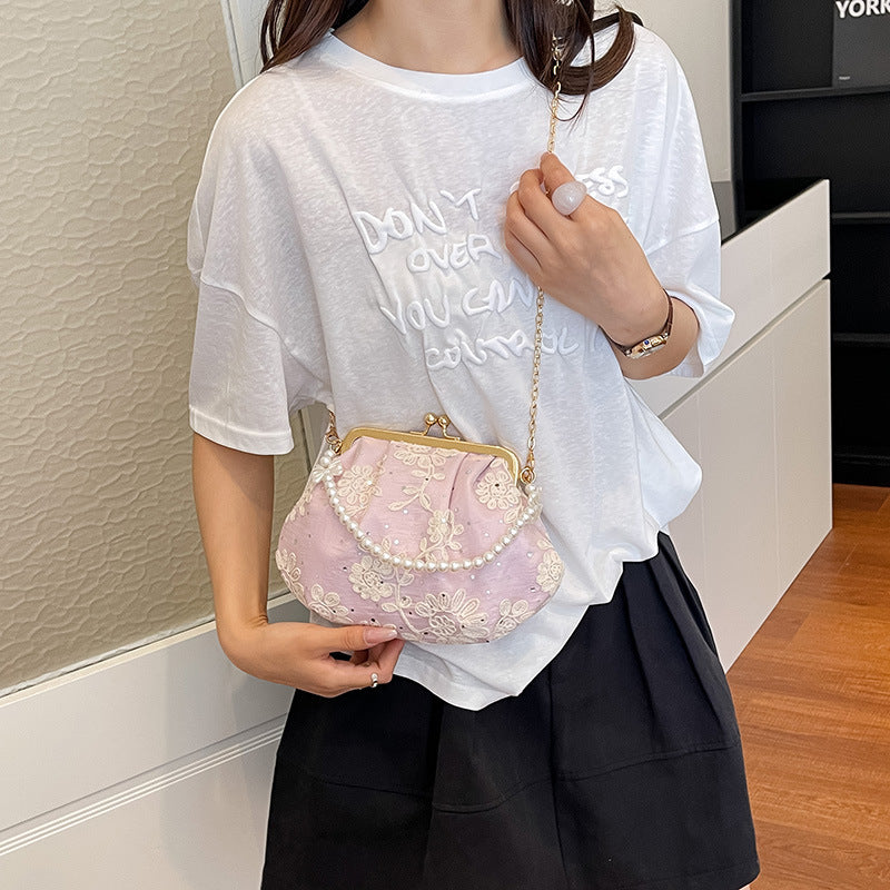 Embroidered Clutch Handbag with Pearl Accents