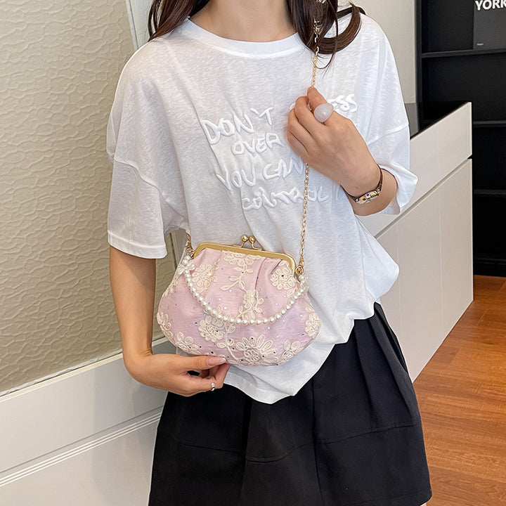 Embroidered Clutch Handbag with Pearl Accents