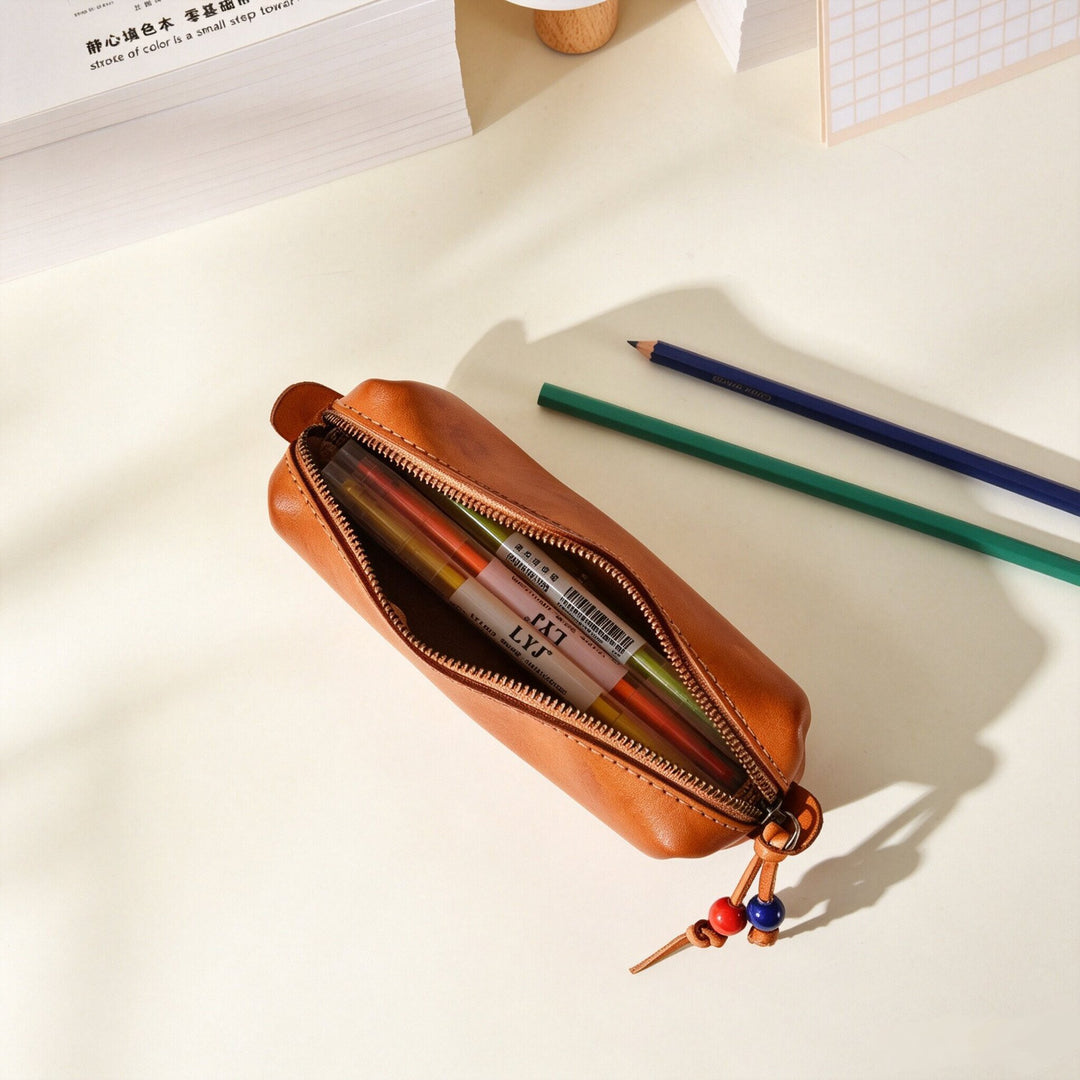 Durable Zippered Leather Pencil Case