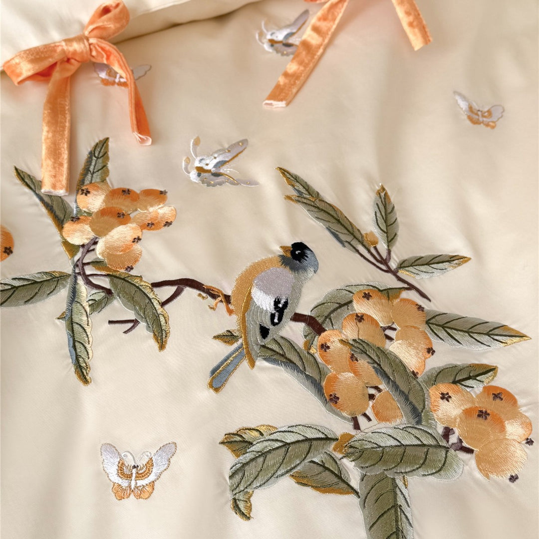 Luxury Embroidered Satin Duvet Cover Set with Botanical Bird Motif and Velvet Tie Closures