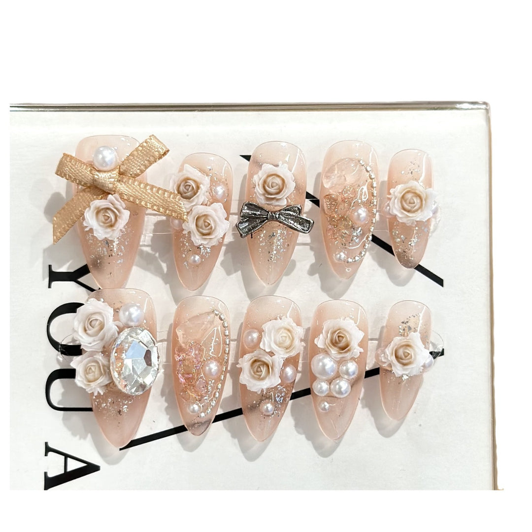 Elegant Decorative Press-On Nail Art Set with Floral Accents