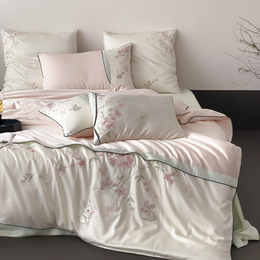 Luxe Satin-Feel Botanical Embroidered Duvet Cover Ensemble with Appliqué Bunnies & Ribbon-Tie Hem