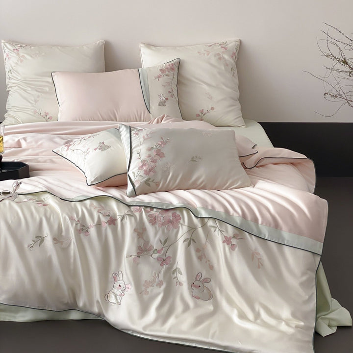 Luxe Satin-Feel Botanical Embroidered Duvet Cover Ensemble with Appliqué Bunnies & Ribbon-Tie Hem