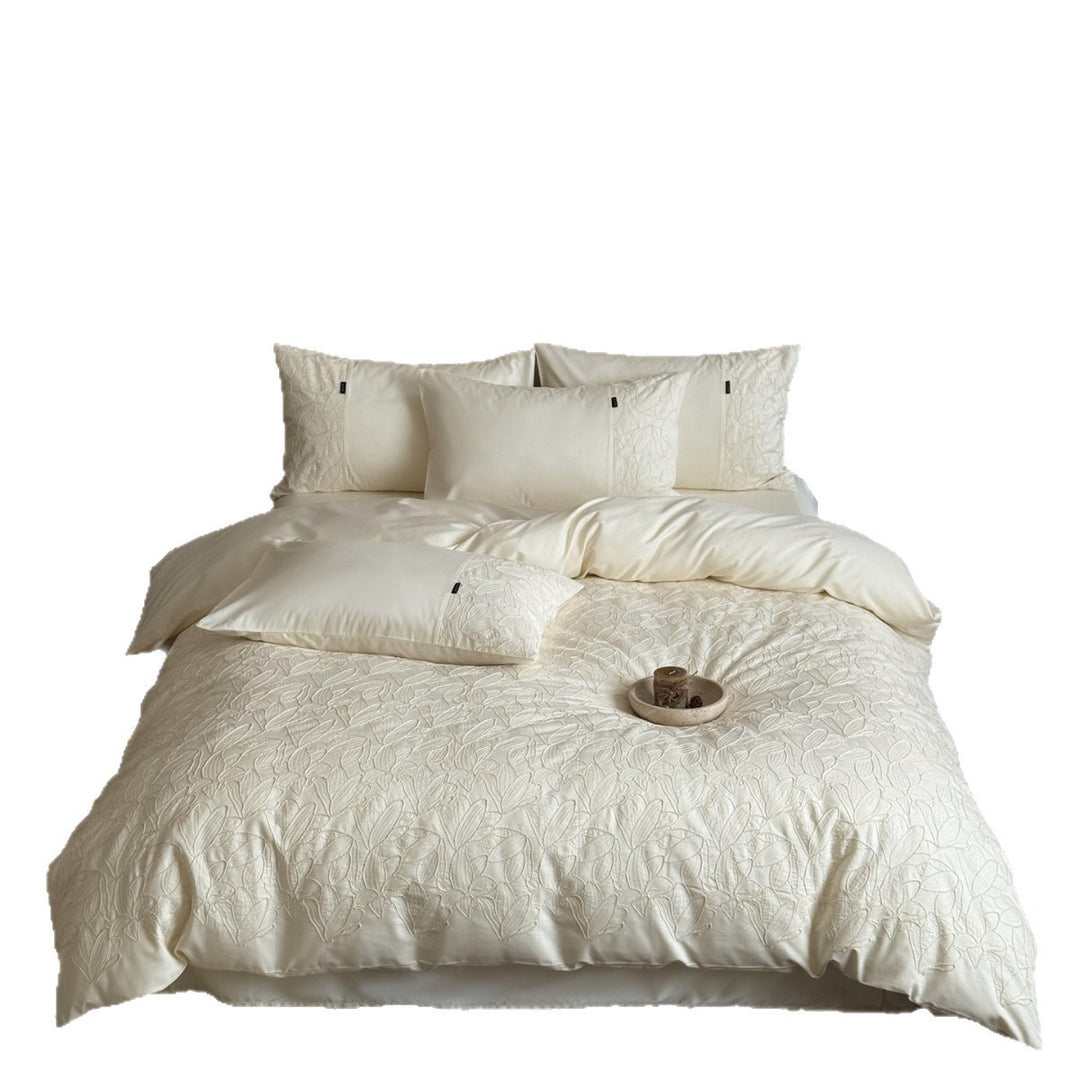 Quilted Botanical Embroidered Cotton Sateen Duvet Cover Set with Textured Appliqué and Envelope Shams