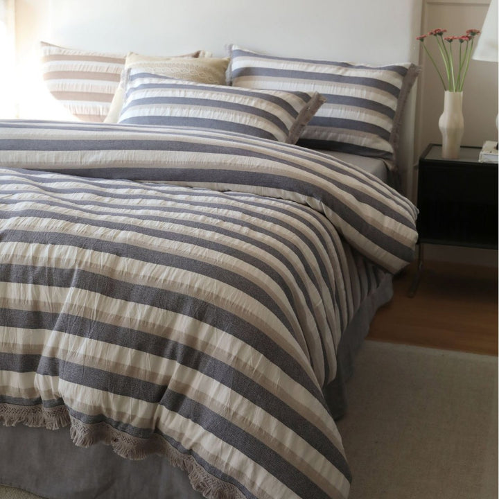Striped Cotton-Linen Lightweight Quilted Duvet Cover Set with Fringed Edge