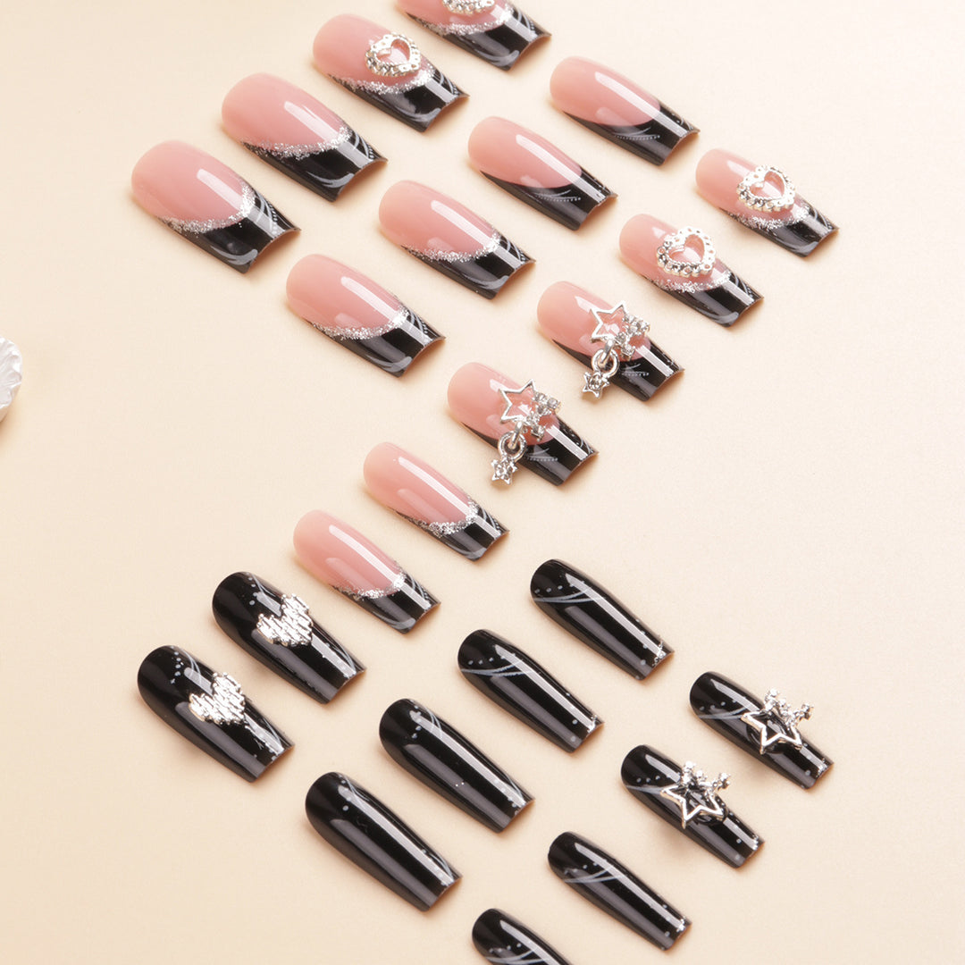 Artistic Long Press-On Nail Design with Rhinestone Accents Stornfield