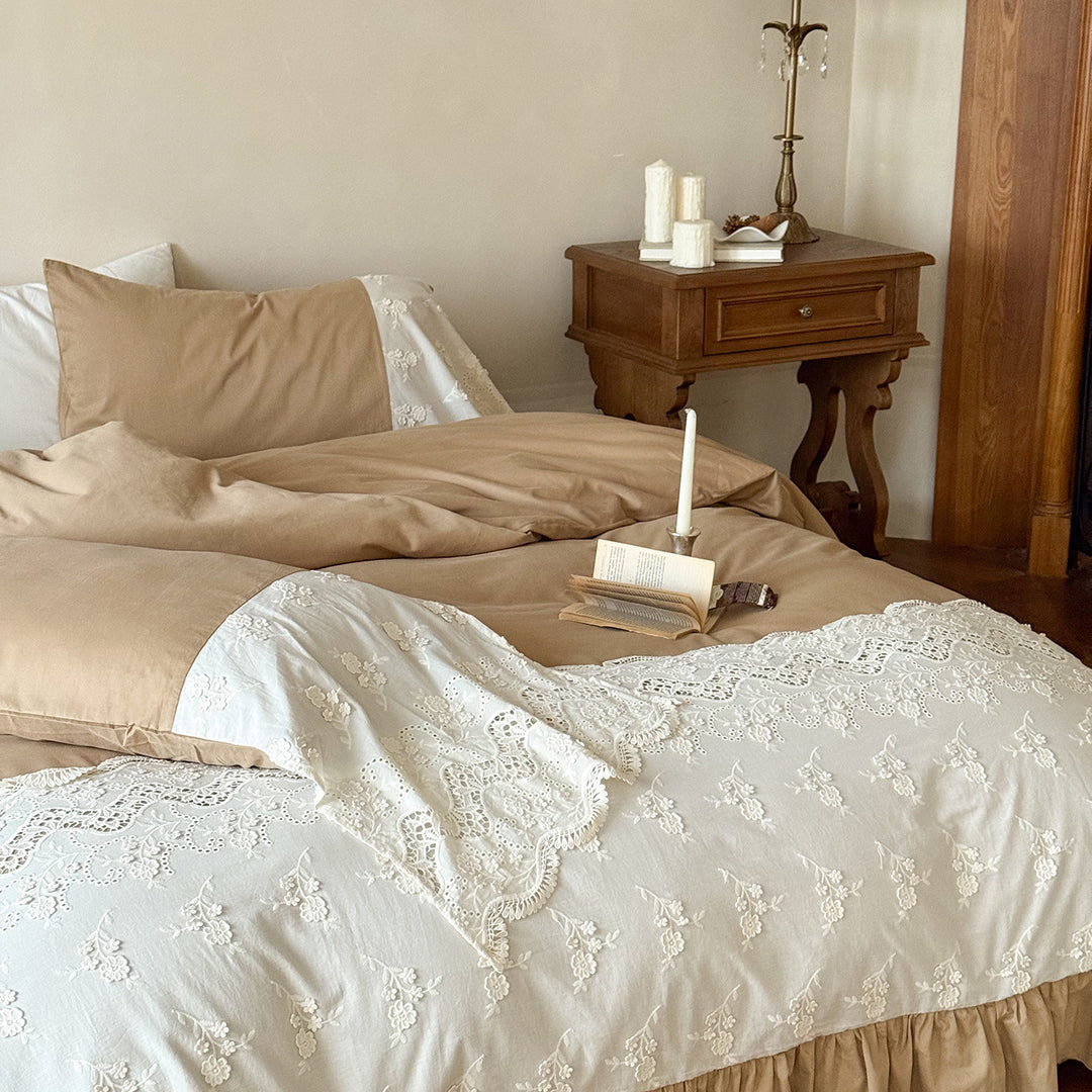 Vintage-Inspired Embroidered Lace-Trim Duvet Cover & Ruffled Bedskirt Set