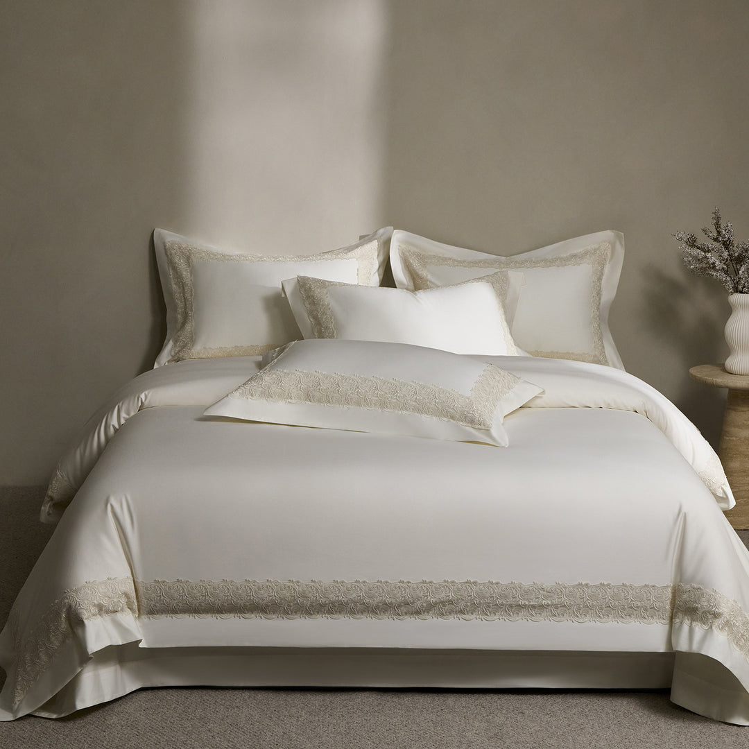 Luxury Sateen Duvet Cover Ensemble with Scalloped Lace Border and Tailored Bed Skirt