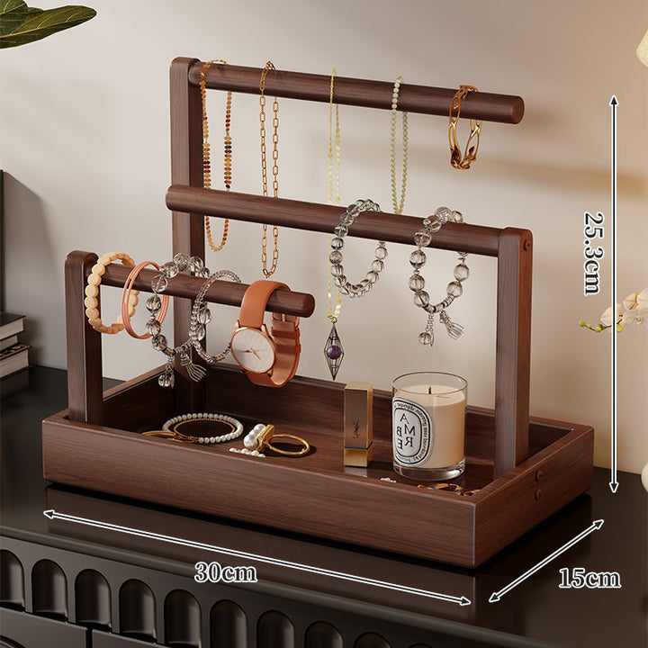 Tiered Wooden Jewelry and Watch Organizer with Tray and Hanging Rods