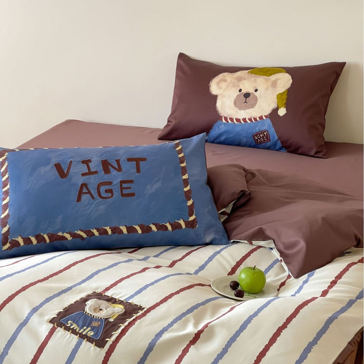 Plush Reversible Striped Fleece Duvet Cover Set with Embroidered Bear Patch