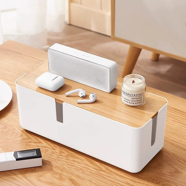 Cable storage box with bamboo lid and socket concealment