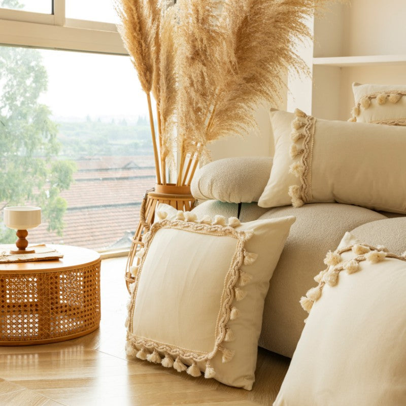 Decorative Tassel-Trim Square Throw Pillow with Pom-Pom Rows and Braided Cotton Accents
