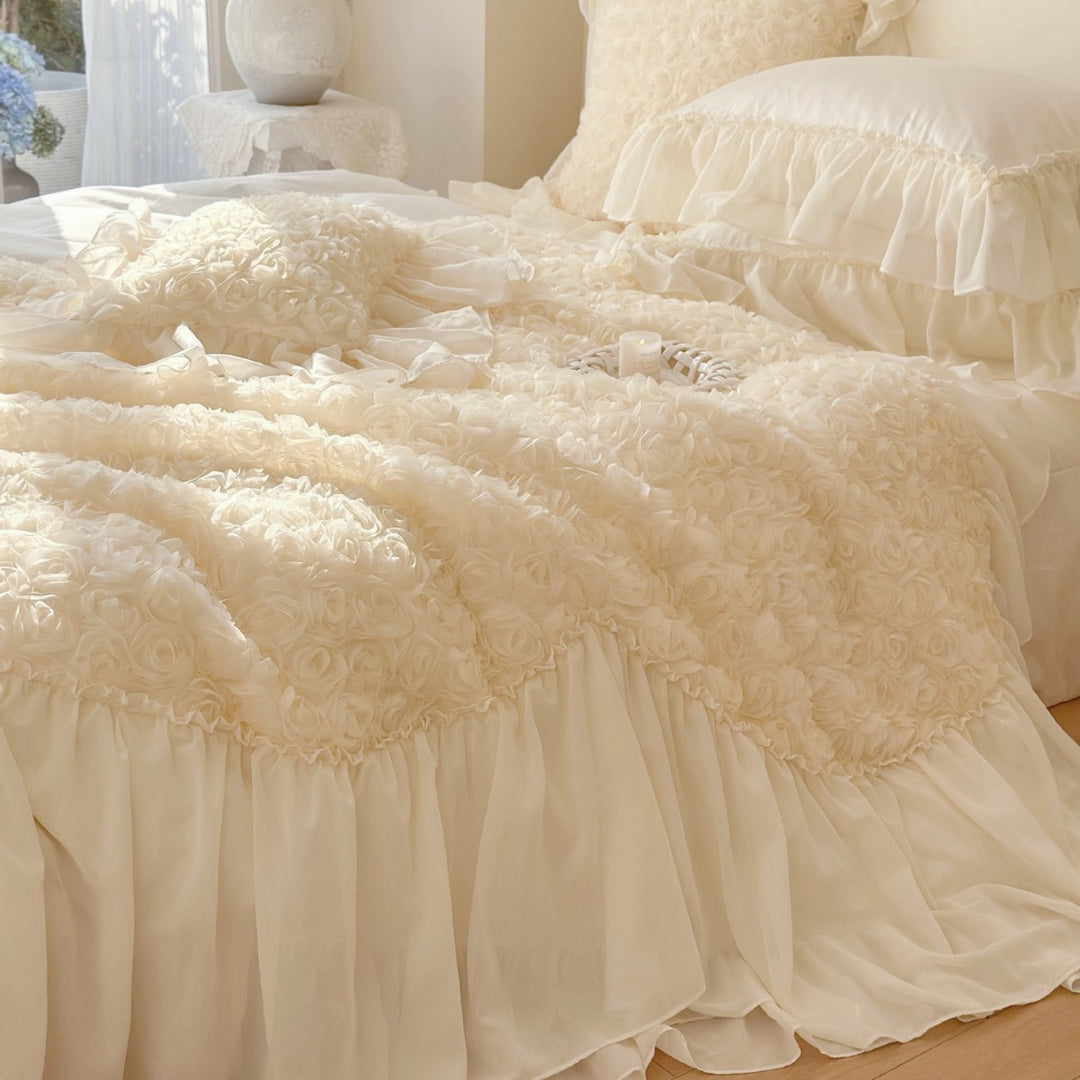 Romantic luxury bedding set with ruffles, rose appliqué, and frill