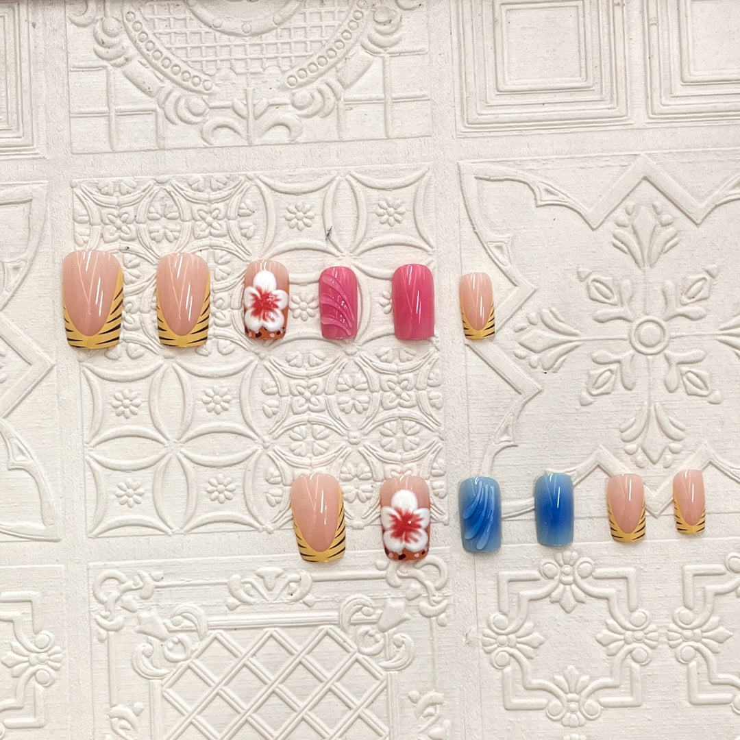 Artistic Press-On Nail Set with Floral and Wave Designs Stornfield