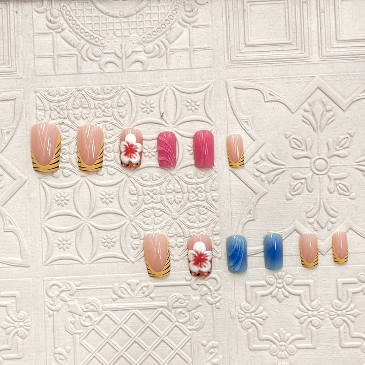 Artistic Press-On Nail Set with Floral and Wave Designs Stornfield
