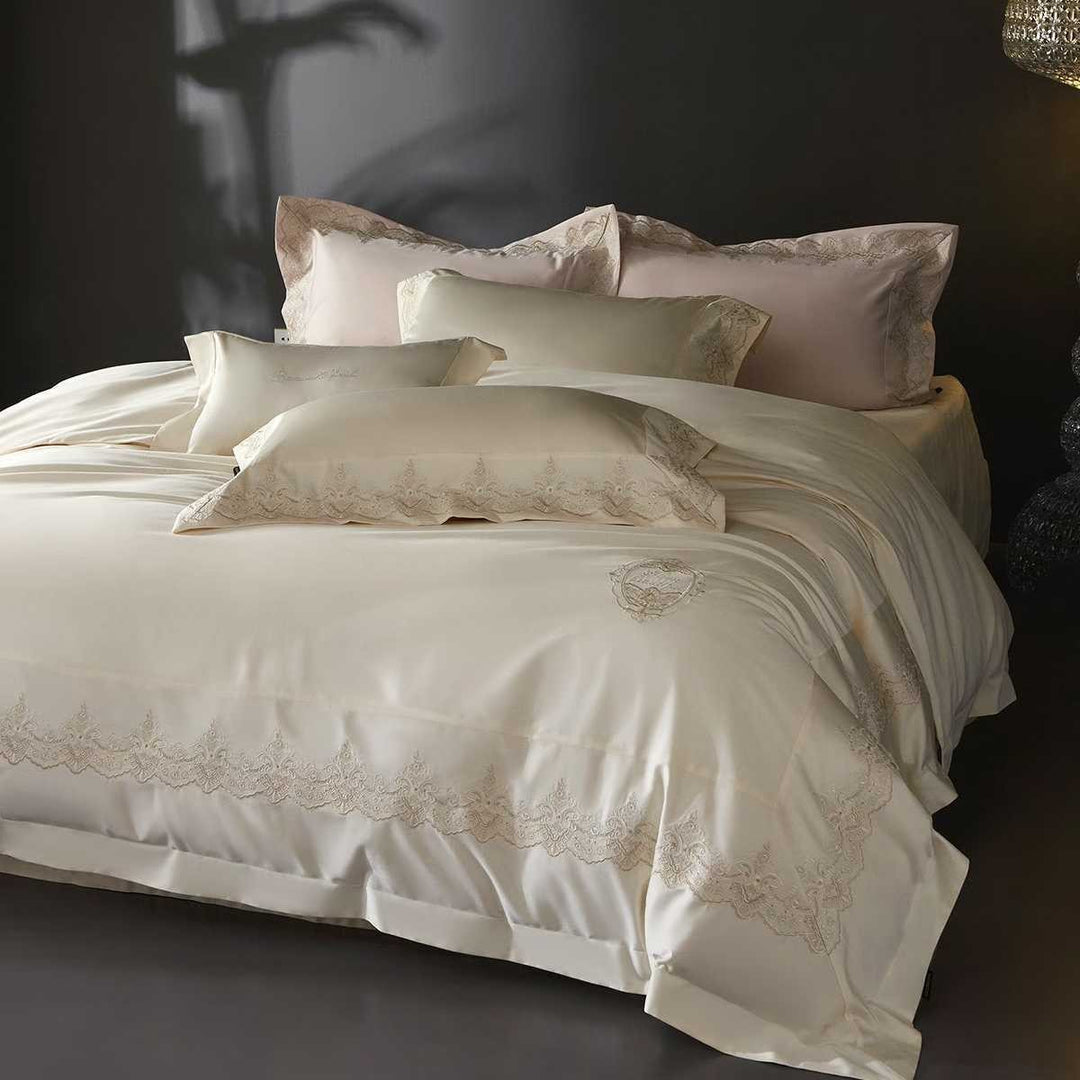Luxury Satin-Feel Embroidered Lace-Trim Bedding Duvet Comforter Set