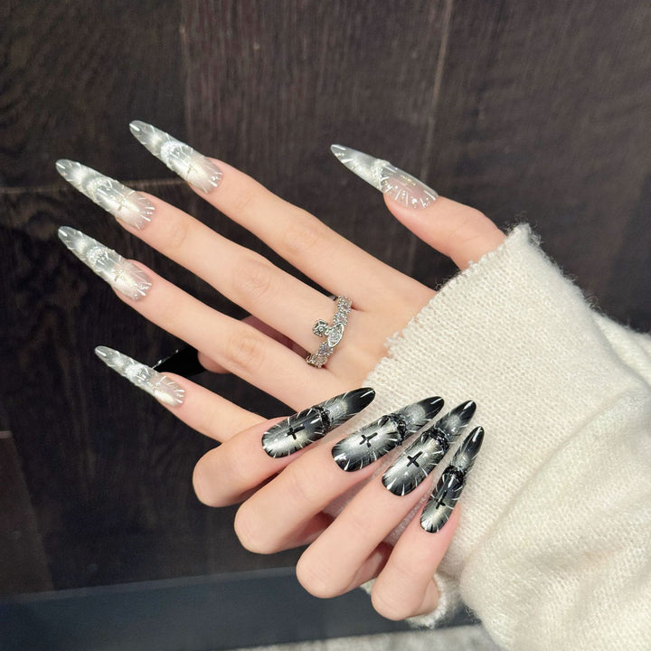 Artistic Press-On Nail Set with Detailed Floral Patterns
