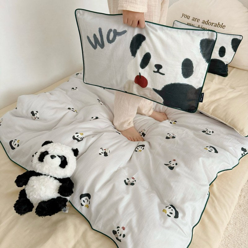 Children's bedding set in futon style with embroidered puppy motifs and cuddle pillow