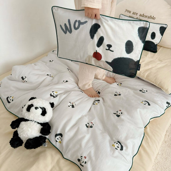 Children's bedding set in futon style with embroidered puppy motifs and cuddle pillow