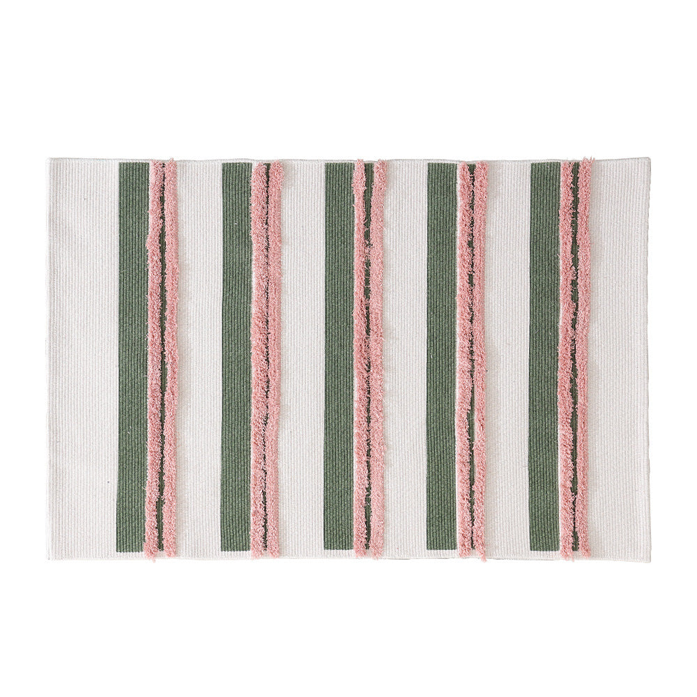 Rectangular flat-woven cotton rug with raised tufted stripes