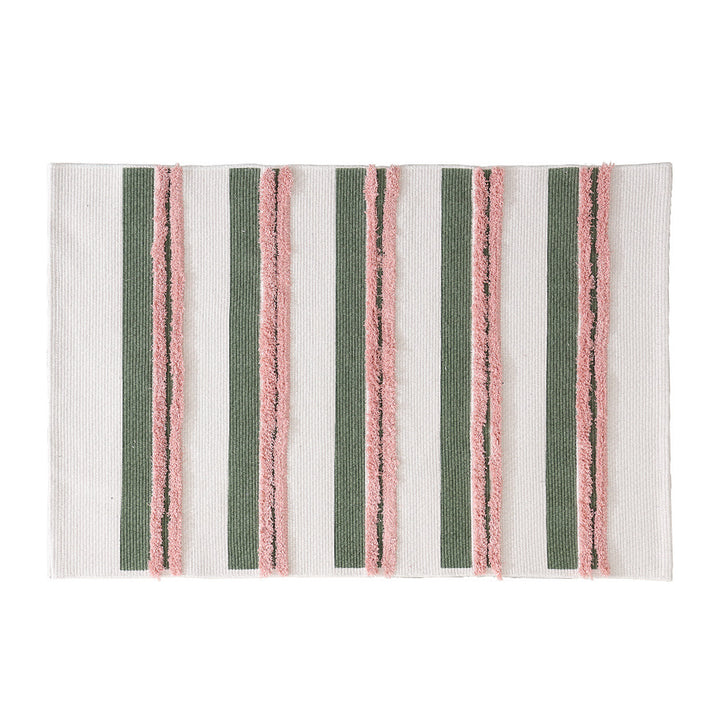 Rectangular flat-woven cotton rug with raised tufted stripes